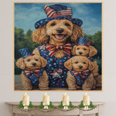 Mother Goldendoodle with Three Puppies in Patriotic Outfits and Hats Celebrating in a Summer Outdoor Setting on Ready to Hang 1.5" Thick Canvas Wrap, Floating Framed Canvas, Flat Rolled Canvas